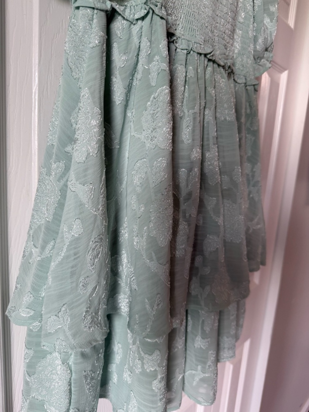Arula Sage Green Smocked Mini Dress 1X Puff Sleeve Cottagecore Tiered - Picture 4 of 4